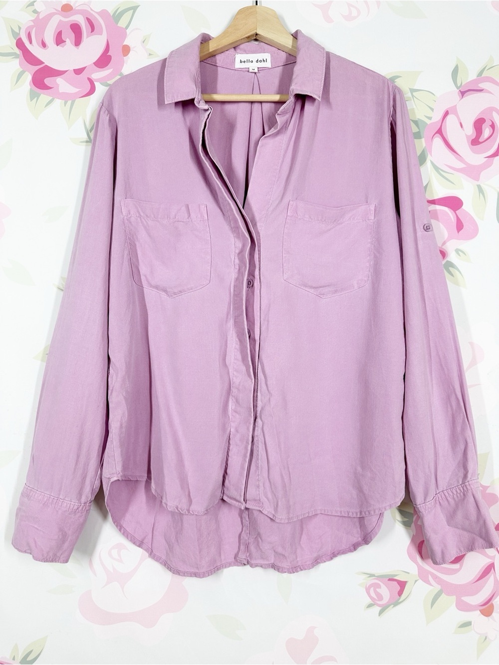 Bella Dahl Lavender-Pink Button Down Shirt Pocket Long Sleeve Shirt M